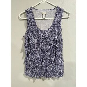 Chico's Tank Top Women's 1 White Blue Burst Print Ruffled Scoop Neck Sleeveless